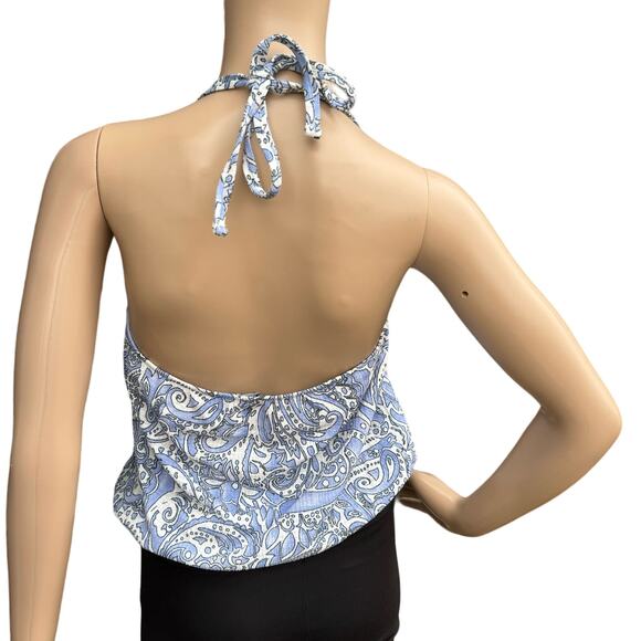 Express Women's Blue White Paisley Ruffled Sleeveless Halter Neck Top Size S - Picture 4 of 5